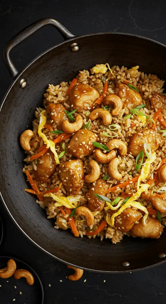 A beautiful, rustic bowl of homemade, fluffy Chicken and Cashew Fried Rice, garnished with cashews and scallions.