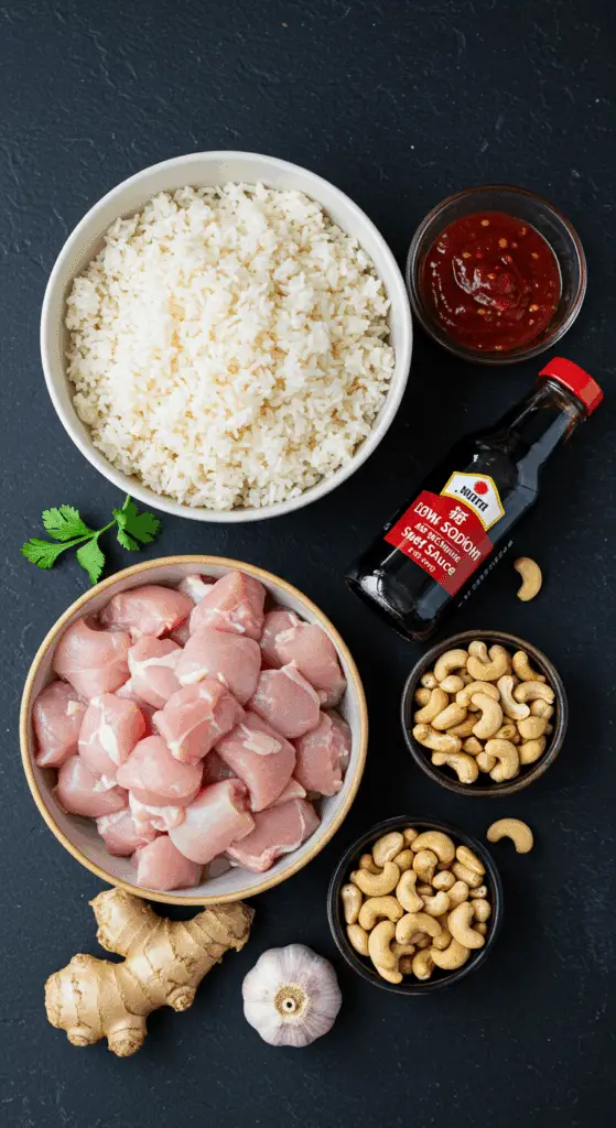 The fresh, from-scratch ingredients for the easy and quick Sweet and Spicy Chicken and Cashew Fried Rice recipe.