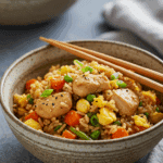 A cozy bowl of homemade Chicken and Cashew Fried Rice being served with chopsticks for an easy weeknight dinner.