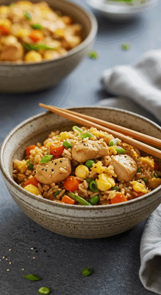 A cozy bowl of homemade Chicken and Cashew Fried Rice being served with chopsticks for an easy weeknight dinner.