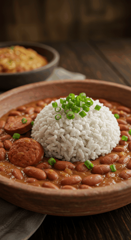 A beautiful, rustic bowl of authentic, creamy New Orleans-style Red Beans and Rice with sausage.