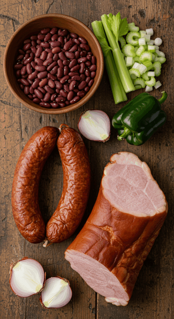 The classic, from-scratch ingredients for an authentic Red Beans and Rice recipe.