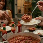Serving a large, comforting bowl of homemade Red Beans and Rice at a lively dinner.