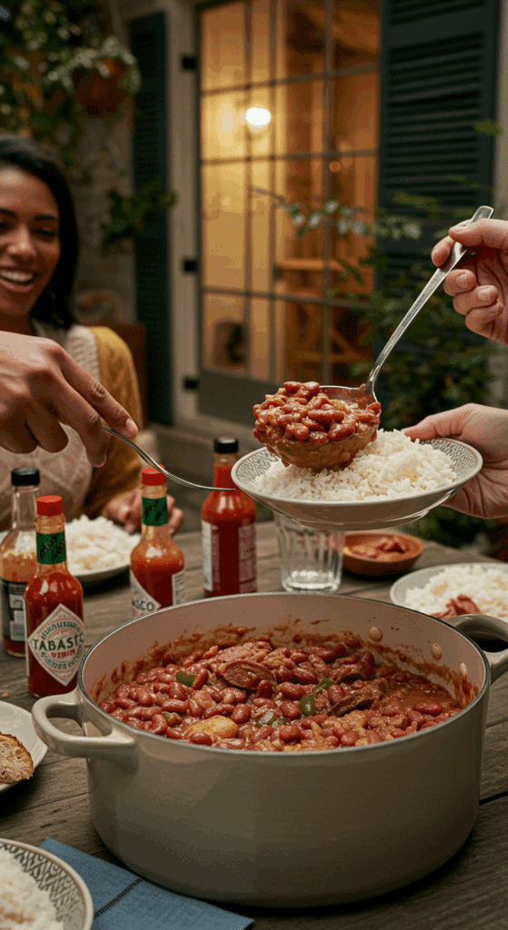 Serving a large, comforting bowl of homemade Red Beans and Rice at a lively dinner.