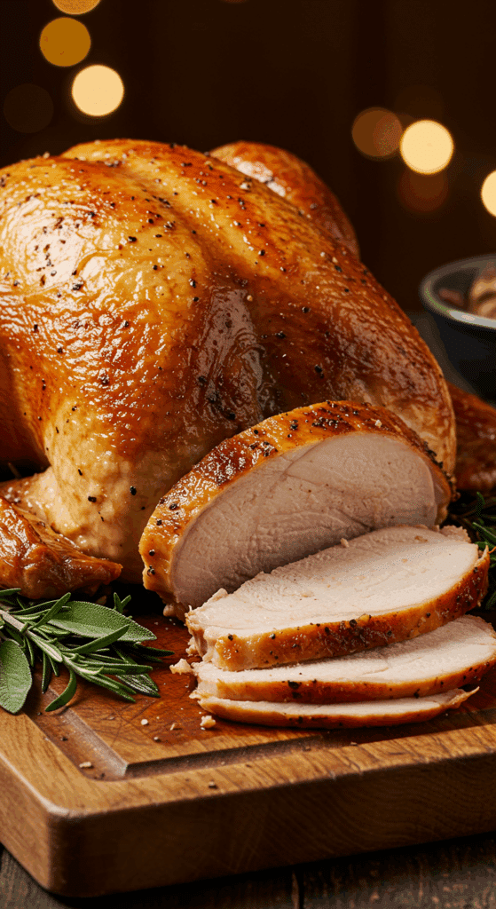 A stunning, perfectly golden-brown and juicy roasted turkey on a carving board, ready for a holiday feast.