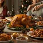 The beautiful, finished roasted turkey as the centerpiece of a happy holiday dinner table.