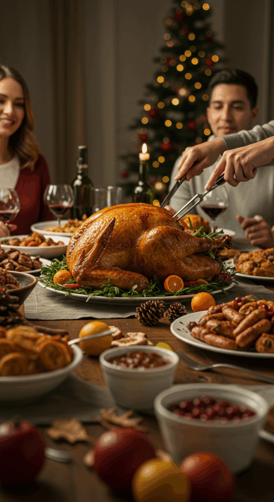 The beautiful, finished roasted turkey as the centerpiece of a happy holiday dinner table.