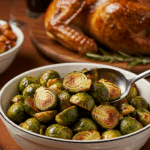 The beautiful bowl of Balsamic-Roasted Brussels Sprouts being served as a side dish at a festive holiday dinner.