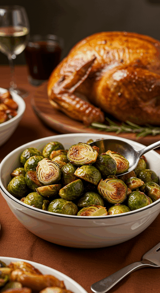 The beautiful bowl of Balsamic-Roasted Brussels Sprouts being served as a side dish at a festive holiday dinner.