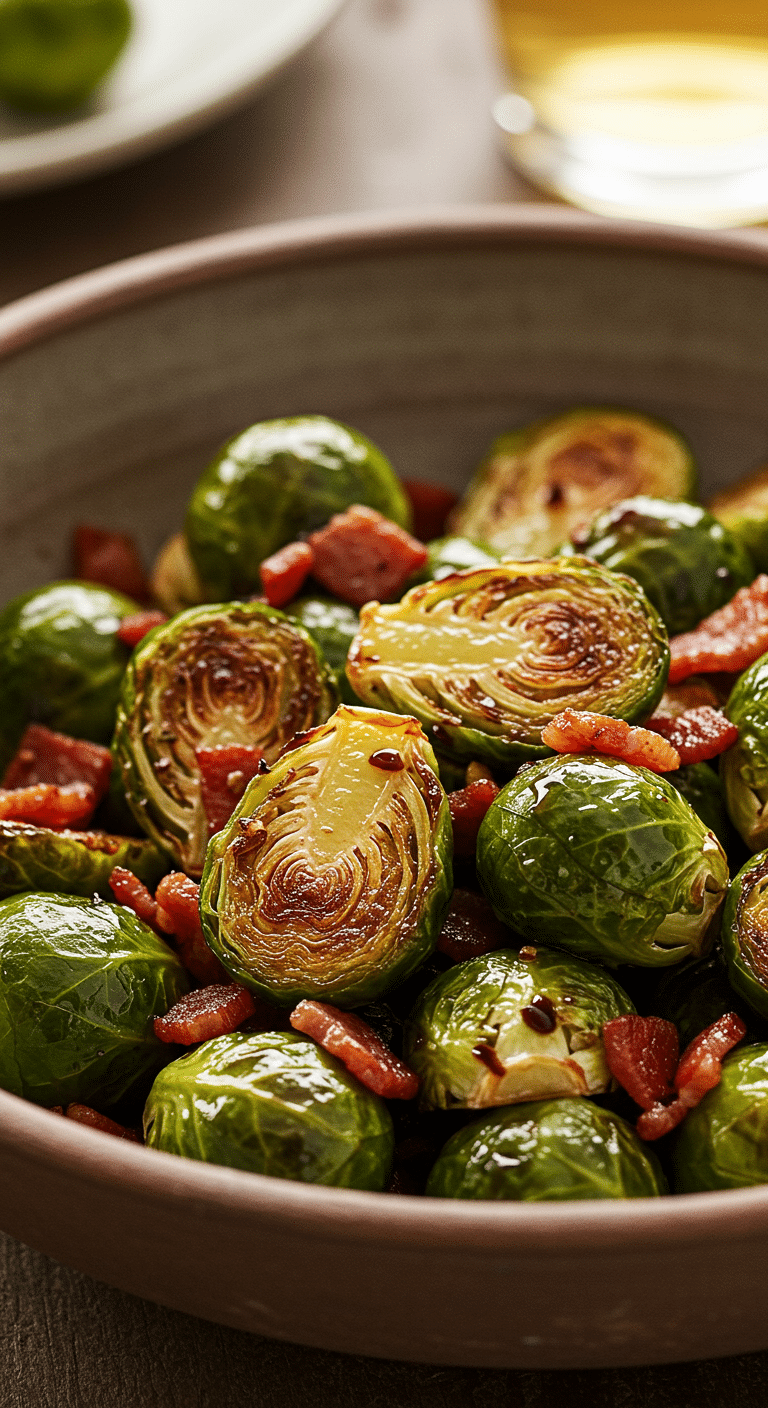 A beautiful, rustic bowl of perfectly crispy and caramelized Balsamic-Roasted Brussels Sprouts with pancetta.