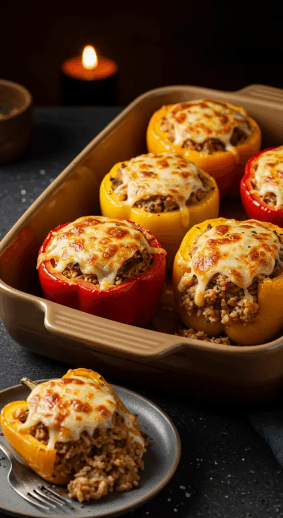 A beautiful, rustic casserole dish of homemade, cheesy Sausage Stuffed Peppers with one removed to show the filling.