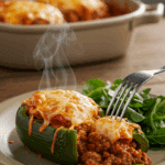 A single, perfect, homemade Sausage Stuffed Pepper on a dinner plate, being served for a family dinner.