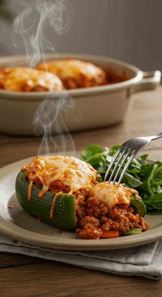A single, perfect, homemade Sausage Stuffed Pepper on a dinner plate, being served for a family dinner.