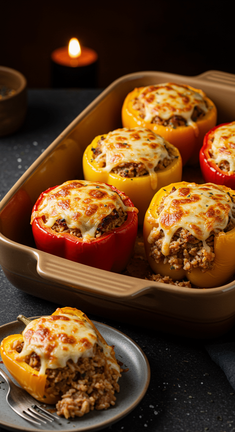 A beautiful, rustic casserole dish of homemade, cheesy Sausage Stuffed Peppers with one removed to show the filling.