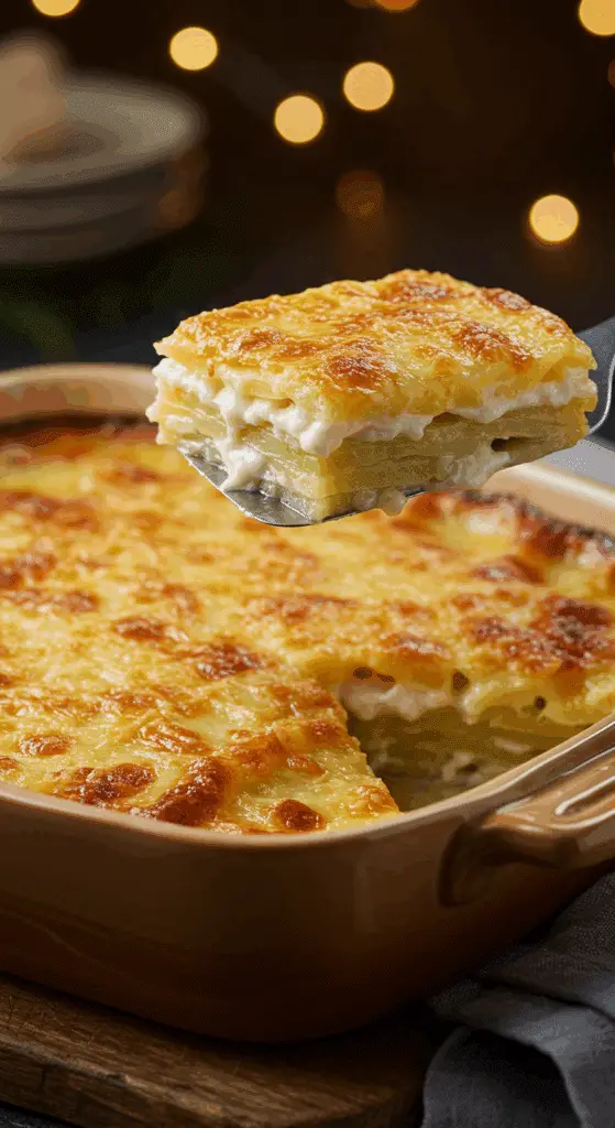 A beautiful, golden-brown, homemade Scalloped Potato Gratin with a perfect, creamy, layered slice being lifted out.