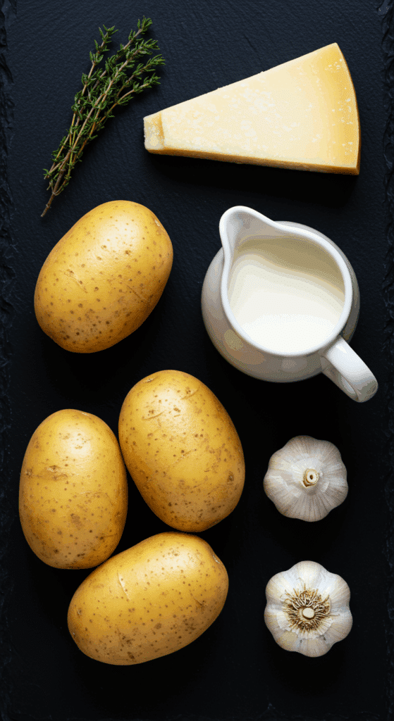 The simple, classic ingredients for the Creamy Scalloped Potato Gratin recipe.