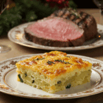 An elegant slice of Scalloped Potato Gratin being served with a steak at a holiday dinner.