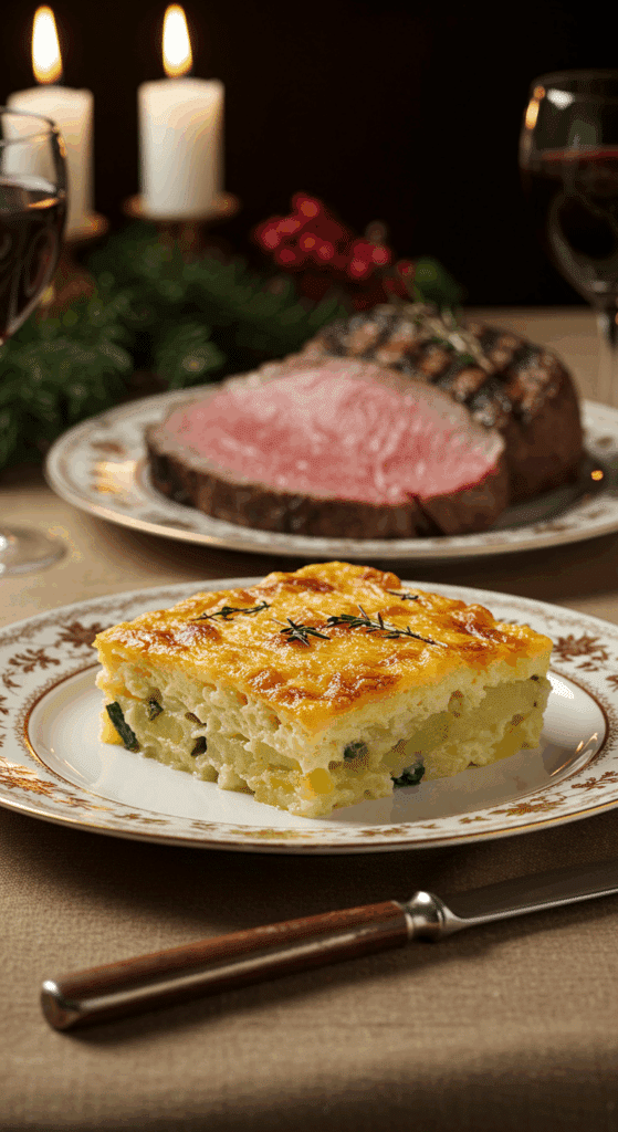 An elegant slice of Scalloped Potato Gratin being served with a steak at a holiday dinner.