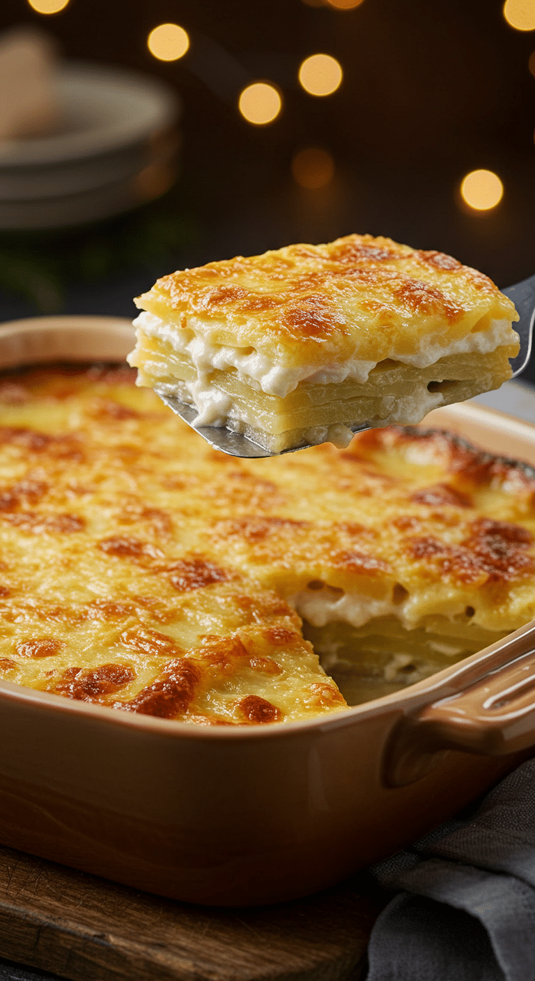 A beautiful, golden-brown, homemade Scalloped Potato Gratin with a perfect, creamy, layered slice being lifted out.