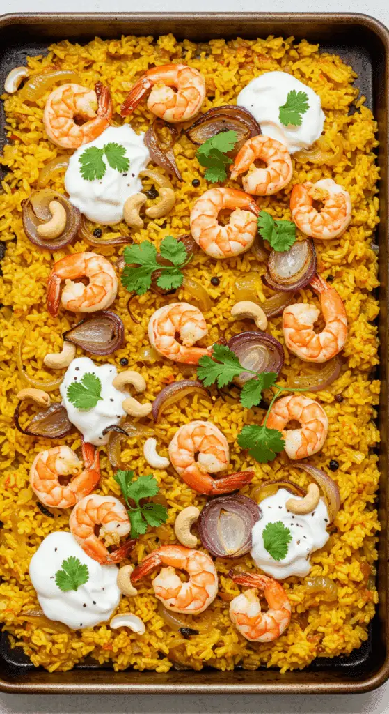 A beautiful, homemade Sheet Pan Shrimp Biryani, fresh from the oven, with fluffy rice, plump shrimp, and fresh garnishes.
