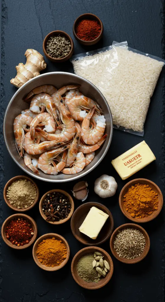 The fresh, from-scratch ingredients for the easy and quick Sheet Pan Shrimp Biryani recipe.