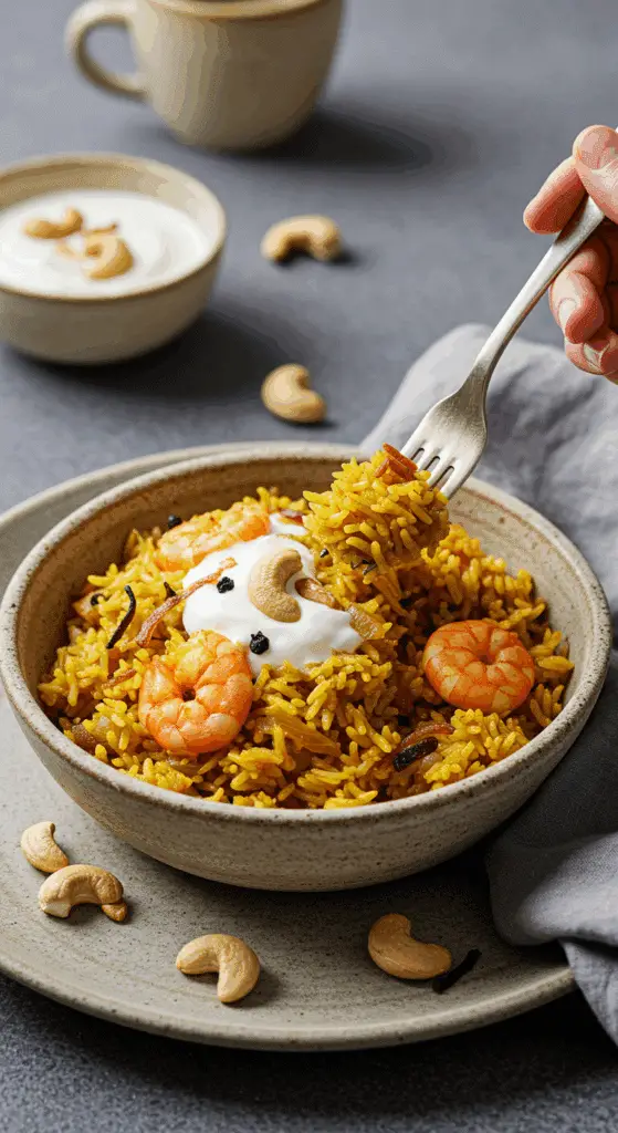 A cozy bowl of homemade Sheet Pan Shrimp Biryani, topped with yogurt and cashews, being served for an easy dinner.