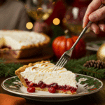 A beautiful slice of homemade Cranberry Chiffon Pie being served as dessert at a festive holiday dinner.