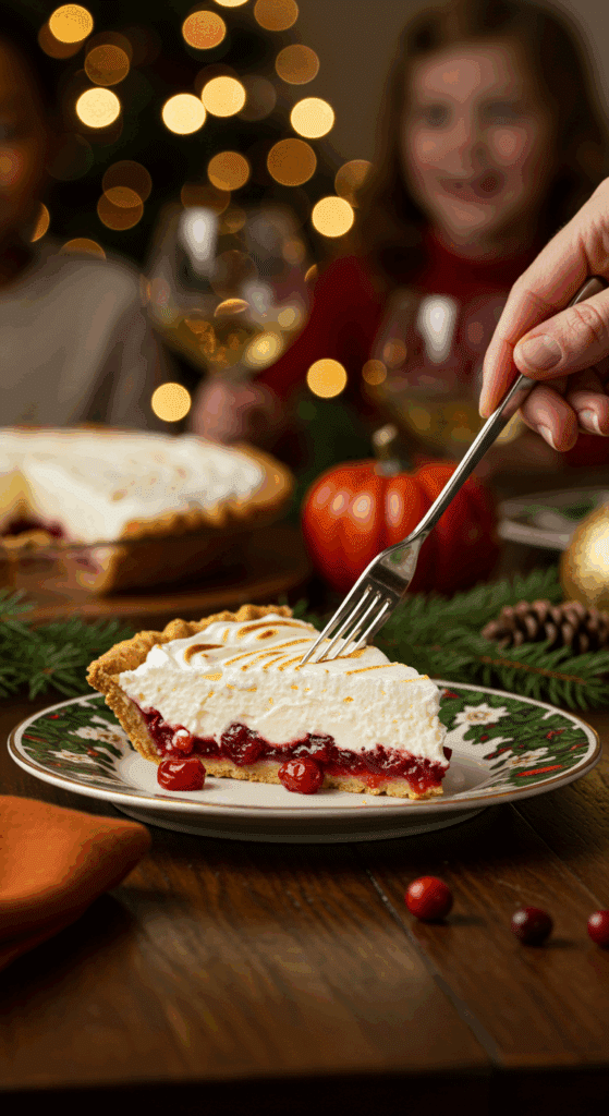 A beautiful slice of homemade Cranberry Chiffon Pie being served as dessert at a festive holiday dinner.