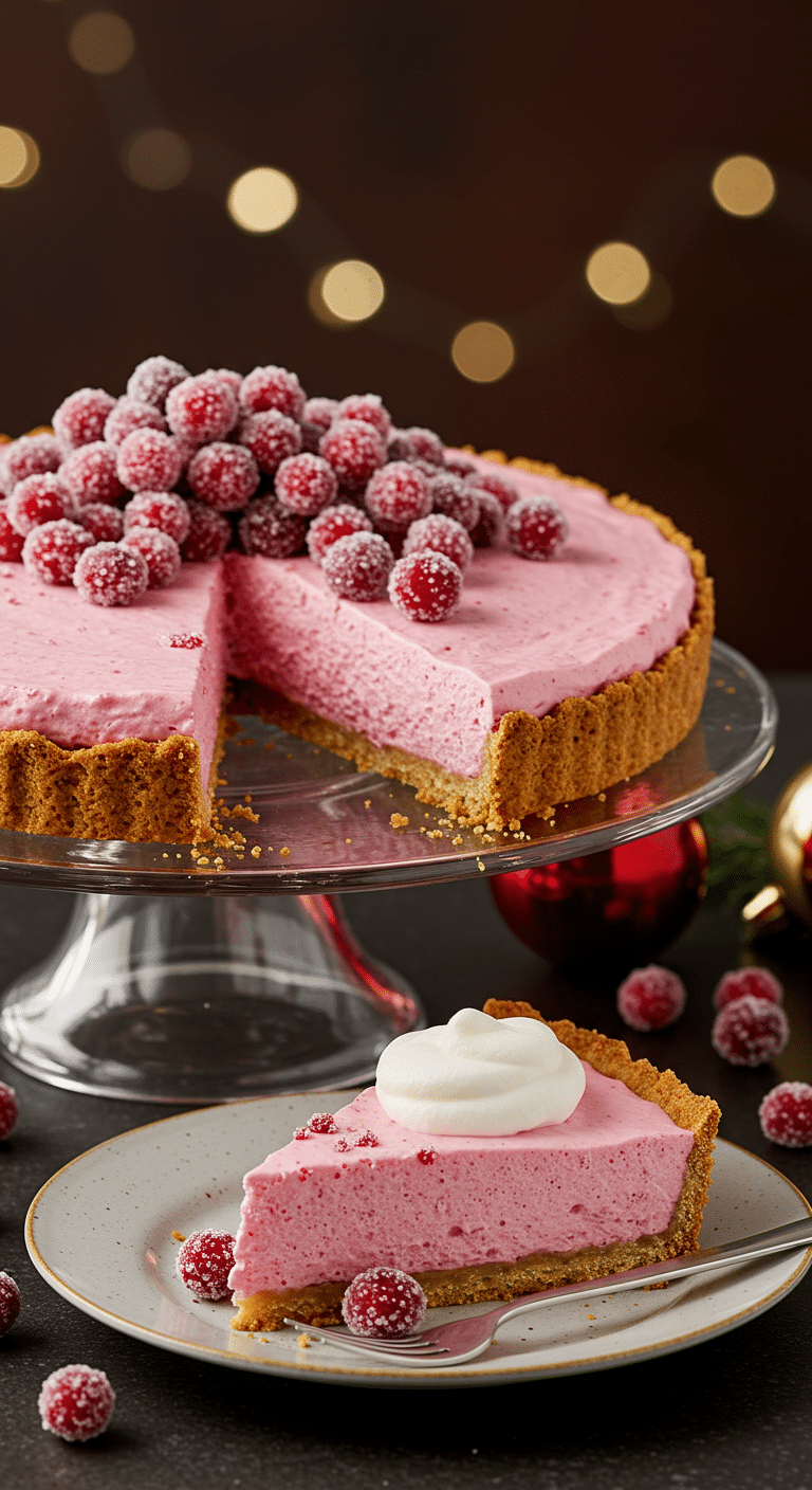 A beautiful, elegant, homemade Cranberry Chiffon Pie on a cake stand with a perfect slice removed, topped with sparkling sugared cranberries.