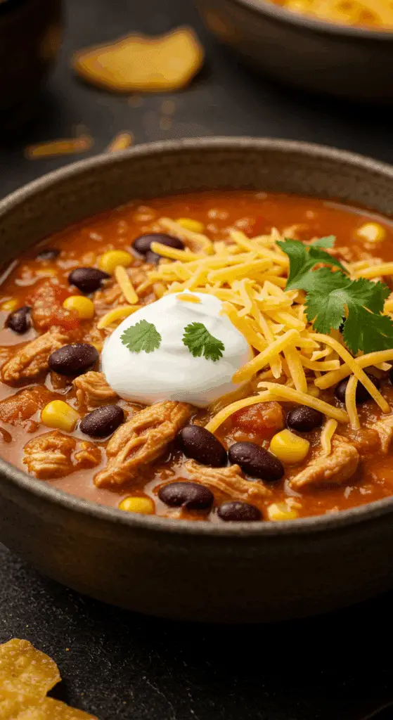 A beautiful, rustic bowl of hearty, homemade Creamy Slow Cooker Chicken Chili, garnished with sour cream and cilantro.