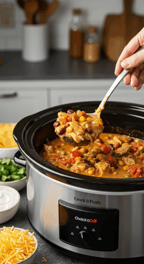 A slow cooker filled with homemade Creamy Chicken Chili being served at a fun fall party with a toppings bar.
