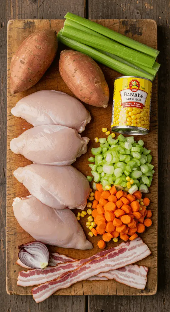 The fresh, wholesome ingredients for the hearty, from-scratch Creamy Chicken and Corn Soup recipe