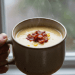A hand holding a warm, cozy mug of homemade Creamy Chicken and Corn Soup on a rainy day.