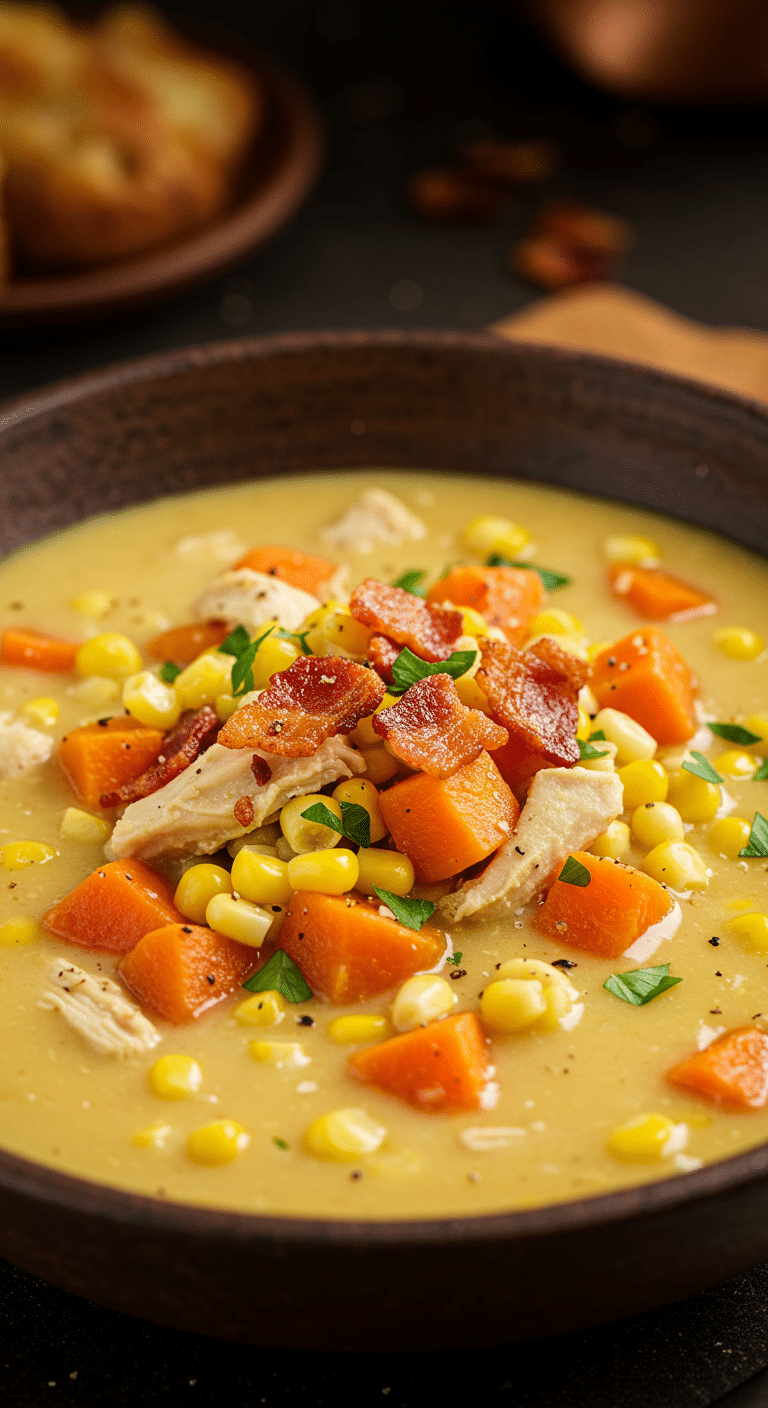 A beautiful, rustic bowl of hearty, homemade Creamy Chicken and Corn Soup, garnished with crumbled bacon and parsley.
