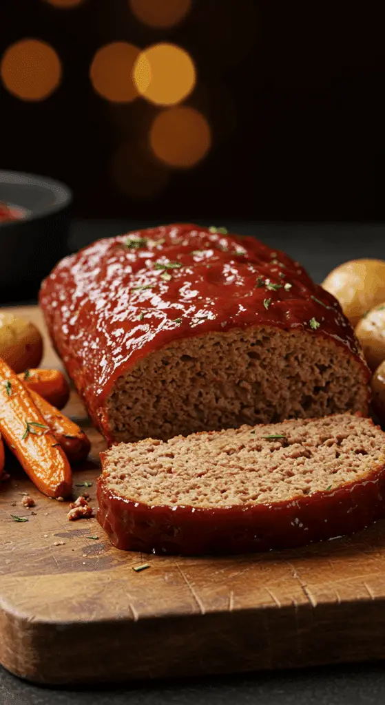 A beautiful, glazed, homemade Slow-Cooker Meatloaf, sliced to show the juicy interior, served with roasted potatoes and carrots.