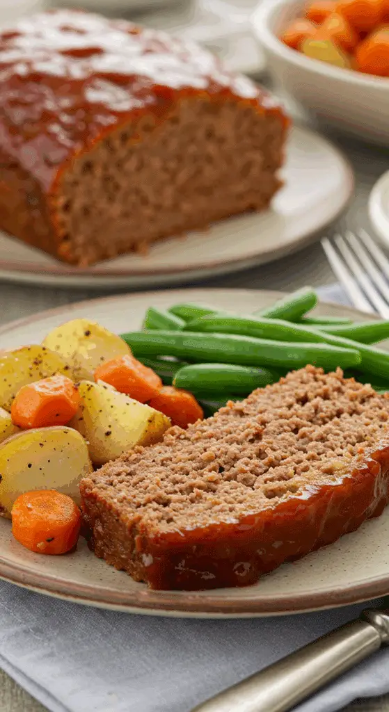 A classic dinner plate with a thick slice of homemade, glazed meatloaf, served with roasted potatoes and carrots.