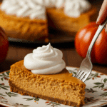 A beautiful slice of homemade Slow-Cooker Pumpkin Cheesecake with a swirl of whipped cream being served for a holiday dessert.
