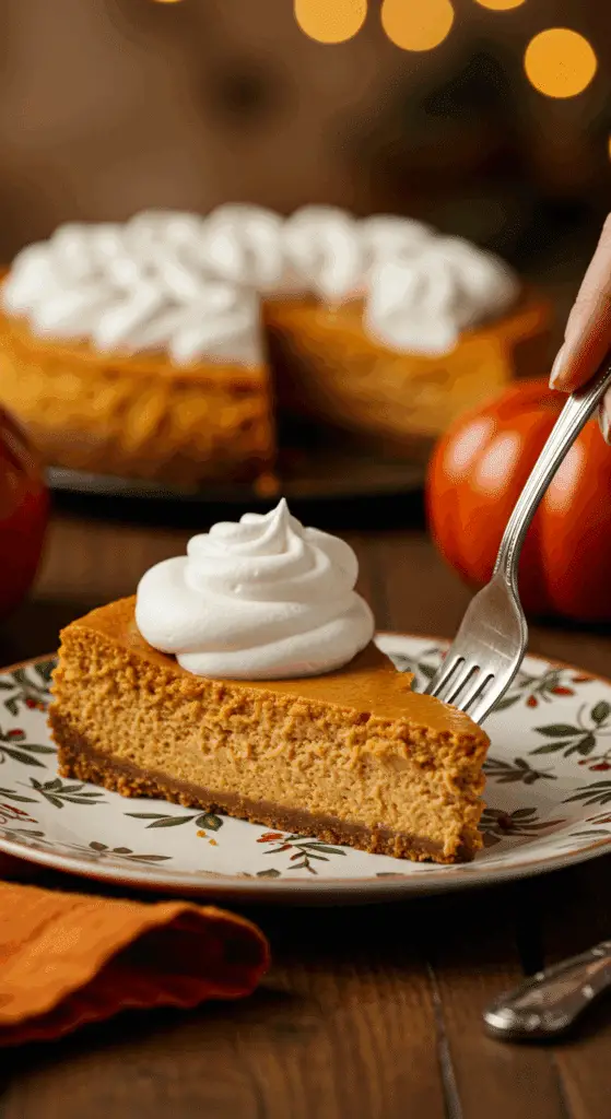 A beautiful slice of homemade Slow-Cooker Pumpkin Cheesecake with a swirl of whipped cream being served for a holiday dessert.