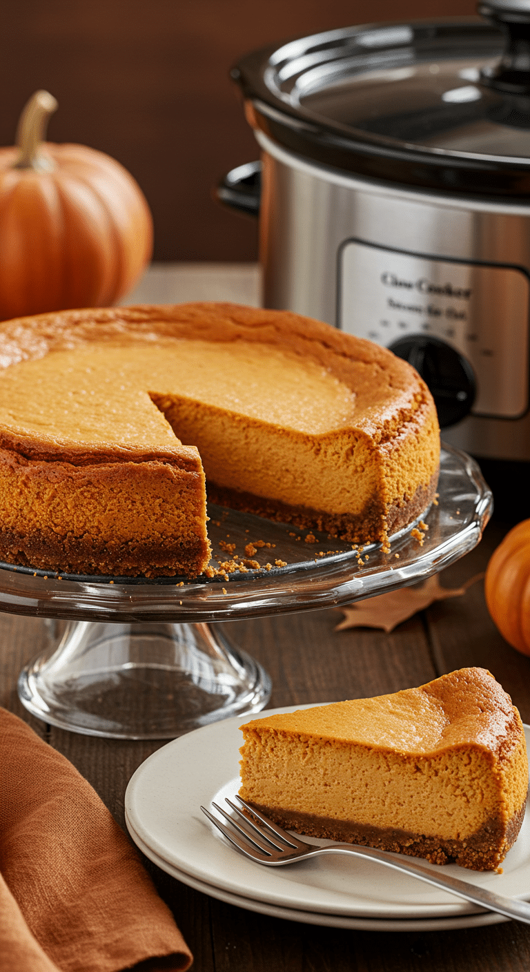 A beautiful, perfect, and crack-free homemade Slow-Cooker Pumpkin Cheesecake on a cake stand with a creamy slice removed.