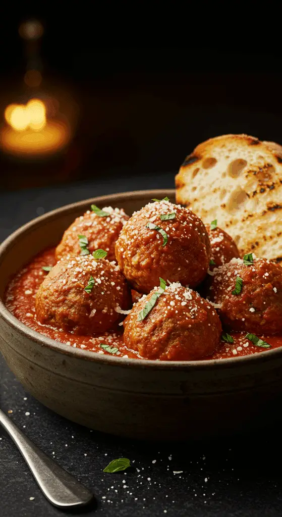 A beautiful, rustic bowl of homemade Slow Cooker Turkey Meatballs simmering in a rich, red tomato sauce.