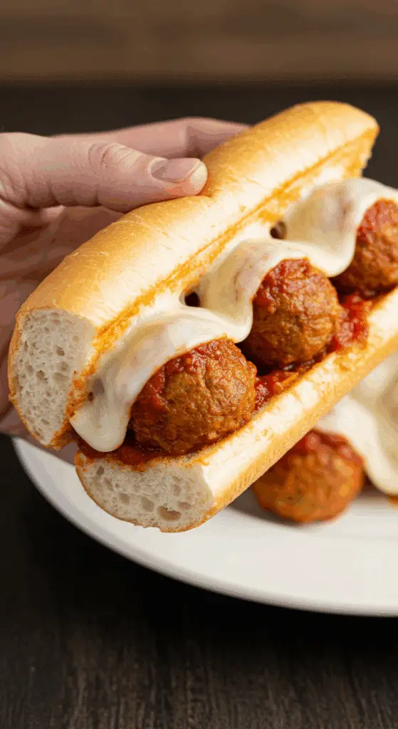 A hand holding a large, delicious, and messy meatball sub sandwich made with homemade turkey meatballs and melted cheese.