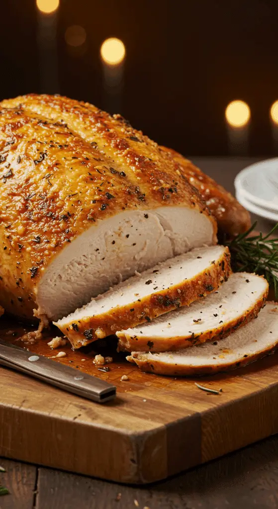 A stunning, golden-brown and crispy, juicy, spatchcocked Parmesan Roast Turkey on a carving board.