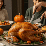The beautiful, finished spatchcocked turkey as the centerpiece of a happy Thanksgiving dinner table.