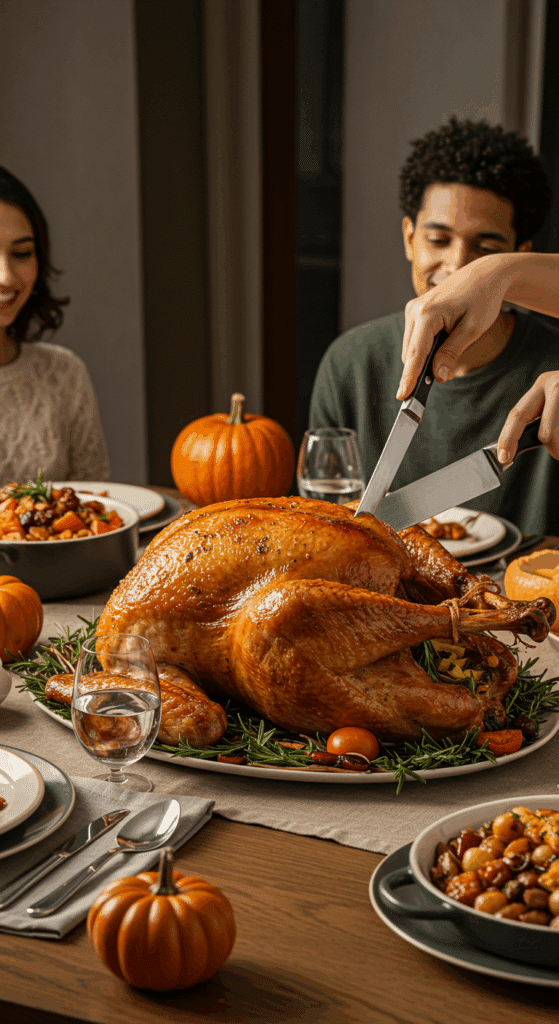 The beautiful, finished spatchcocked turkey as the centerpiece of a happy Thanksgiving dinner table.