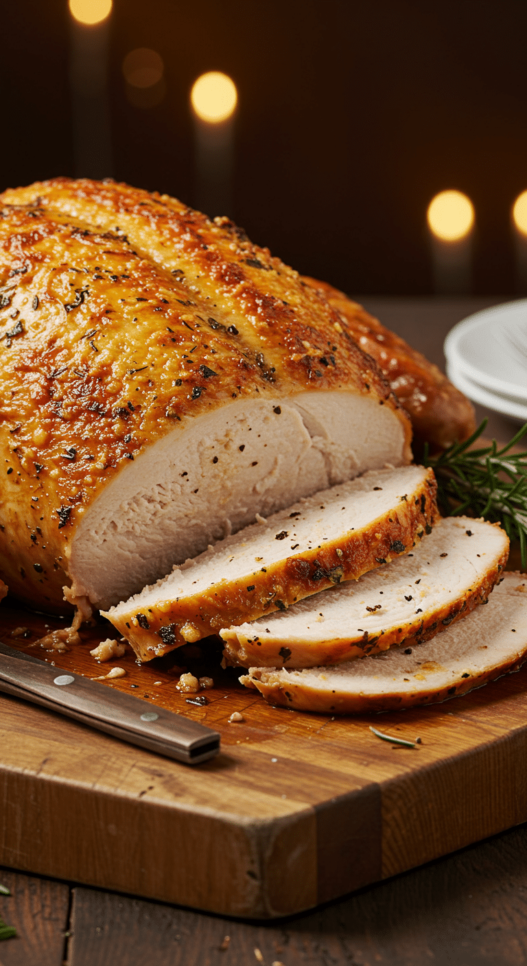 A stunning, golden-brown and crispy, juicy, spatchcocked Parmesan Roast Turkey on a carving board.