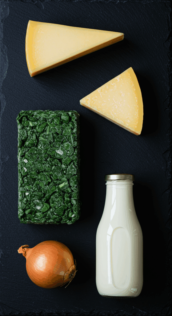 The fresh, from-scratch ingredients for the creamy and cheesy Spinach Gratin recipe.