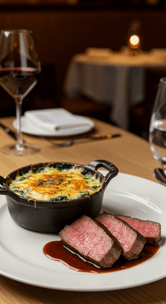 An elegant, individual serving of Spinach Gratin on a plate next to a perfectly cooked steak.