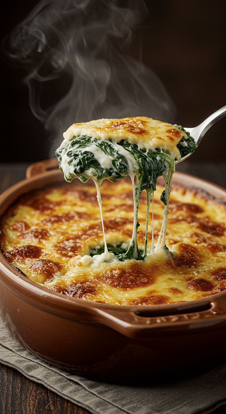 A beautiful, golden-brown, homemade Spinach Gratin in a casserole dish with a creamy scoop being lifted out.
