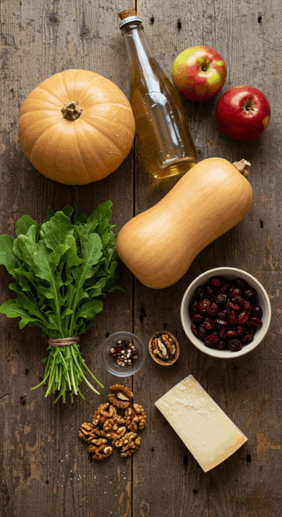 The fresh, seasonal ingredients for the Roasted Butternut Squash Salad with warm cider vinaigrette.