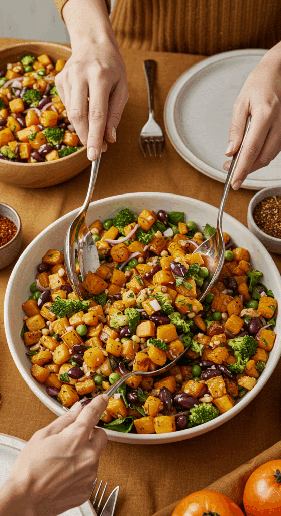 Serving a large scoop of the vibrant Roasted Butternut Squash Salad at a festive holiday dinner.